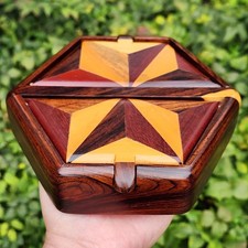 Vintage Japanese Muku Yosegi Wood Parquetry Hexagonal Jewelry Box – Gullwing Lid picture