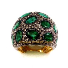 Gorgeous 2.99ctw Rose Cut Diamond Emerald Studded Silver Victorian Ring Jewelry picture
