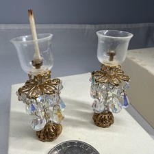 Vintage Artisan Miniature Crystal Prism Lustre Lamps Pair Gold Filigree 1:12 picture