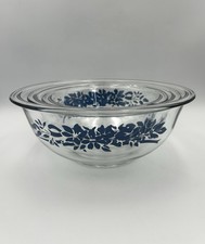 Vintage Pyrex: Clear Blue Flowers Ribbon 322 323 325 Mixing Nesting Bowls Set 3 picture
