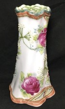 Antique hatpin jar, maple leaf Nippon, glazed moriage, hand painted, 5