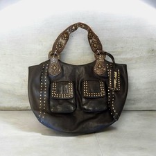 Vtg Betsey Johnson Soft Black Leather Brass Studded Hobo Y2K Shoulder Bag Rare picture