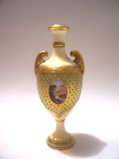 ANTIQUE COALPORT  RAISED GOLD TURQUOISE JEWELED ENCRUSTED VASE 4 1/2 INCHES picture