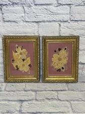 Vintage Pressed Flowers Wall Art Set of 2 Gold Frames  Mauve Mat 7 x 9 Read picture