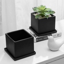 MyGift Set of 2 Matte Black Ceramic Square Planter Pots with Removable Saucers picture