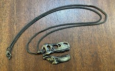 Drop Dead Clothing T-Rex Skull Necklace Antique Bronze Dinosaur Pendant Chain picture