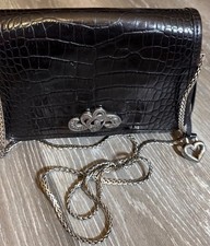 Brighton Croc Embossed Black Shoulder Bag Silver Chain Heart Vintage picture