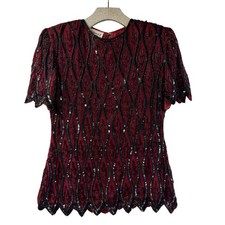 Stenay Beaded Party Top Red Black Vintage Petite Medium Sequin picture