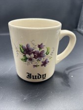 Vintage Judy Name Coffee Mug Purple Floral Violet Made in England Cream Ceramic picture