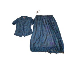 vtg silk blouse and skirt set Sz M 💯silk Maxi Draw String  Top S/S Button Up picture