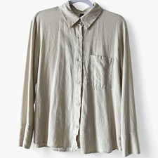 H&M Divided Woven Solid Beige Point Collar Long Sleeve Button-Up Shirt S picture