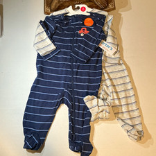 Carter's 2-Pack Footed Zip Sleepers 3-6M Blue/Gray Striped Truck picture