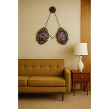Vintage MCM Italian Ornate Floral Double Oval Hanging Wall Art Framed Set 1970s picture