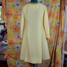 Vintage 60s Carlye Yellow Jeweled Collar Dress Faux Pearl Embellished Medium picture