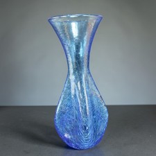 Blenko Mid Century Blue Crackle Glass Vase Hand Blown Hourglass Square Base VTG picture