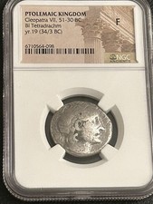 CLEOPATRA Egypt Pharaoh VII 51BC-30BC NGC Graded F Ptolemy Rare Tetradrachm Coin picture
