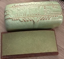 vintage Frankoma Pottery cover butter dish Mayan/Aztec pattern Prairie Green  picture