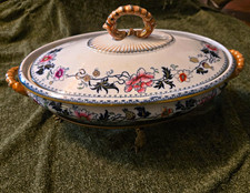 Antique Victorian Staffordshire Tureen Floral Lid Metal Stand Pat 1842 picture