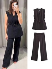 ZARA BLACK Belted Vest Waistcoat & Matching Trousers Co Ord Set Suit Size L  picture