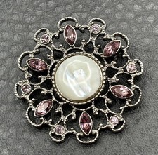 1928 Brand Victorian Revival Brooch Rhinestone Mother Of Pearl Cabochon Pin picture