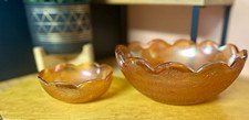 Vintage Jeanette Crackle Marigold Carnival Glass Scalloped Edge Berry Bowl Set picture