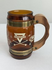 Vintage Conoco Siesta Ware Brown Amber Glass Barrel Beer Mug Wood Handle picture
