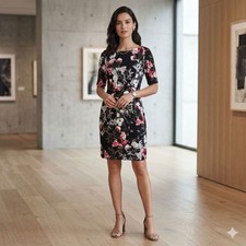 Banana Republic Black Floral Pleat Waist Sheath Dress picture