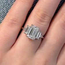 2.50Ctw EF/VS Emerald Cut Lab Grown Diamond 14K Gold Three Stone Engagement Ring picture