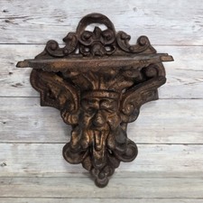 Antique Cast Iron Wall Sconce Shelf Ornate Gold Winged Face Gothic Grotesque  picture