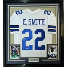 Framed Autographed/Signed Emmitt Smith 35x39 Dallas White Jersey JSA COA picture