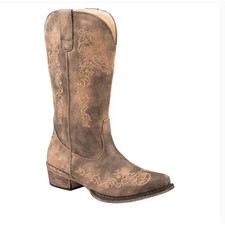 Roper Judith Cowboy Boots 7 Tan Brown NWOT Western Heel Embroidered Snip Toe picture