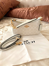 Coach Signature Logo Small Shoulder Bag White Zip Detachable Strap Dust Bag picture