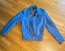 Vintage 70s Womens Blue Leather Jacket Small S Lightning Zipper Cuffs Fitted picture