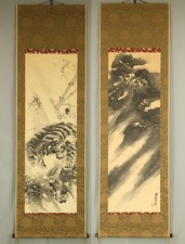 岸禮 Ganrei (1816-1883) Japanese Hanging scroll Suiboku Dragon and Tiger with Box picture