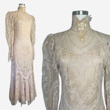 Vintage 80s Becky Bisoulis nude floral lace Victorian bridal gown Edwardian XS/S picture