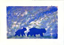 Two Bears In Northern Lights Original Abstract Contemporary 5x7  Paper Signed  picture
