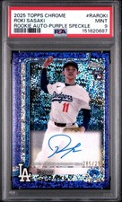 2025 TOPPS CHROME ROKI SASAKI ROOKIE AUTO PURPLE SPECKLE  #/299 #RA-ROKI PSA 9 picture