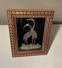 Vtg Persian Metal art Work Cranes Velvet Black Background,Khatam Marquetry Frame picture