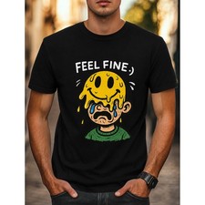 Men's Dripping Smiley Face T-Shirt Melting Happy Graphic Tee Trippy Retro Top picture