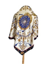 AS7# Vintage Hermes Paris Scarf Square Keys Tassels Navy Blue Gold Cream Flawed picture