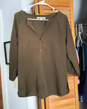 LOFT Brown/Blue Polka Dot V-Neck 3/4 Sleeve Button Blouse Womens Size S picture
