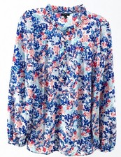 Talbots Womens Floral Blouse Large Blue Pink Ruffle Neck Henley Long Sleeve Top picture