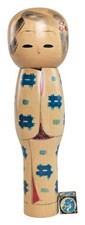 Vintage Creative Kokeshi Doll Girl w/ Blue Checkered Design by Shibata Eiko 29cm picture