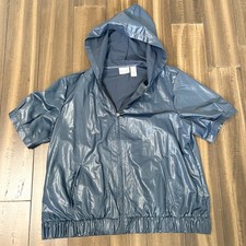 Chico’s Zenergy Metallic Blue Hooded Full Zip Windbreaker Jacket Size 2 L picture