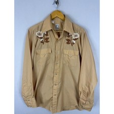 Vintage Karman Western Shirt Tan Floral Embroidered Pearl Snap Cowboy Mens picture