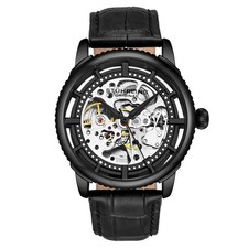 Stuhrling 3933 3 Winchester Automatic Black Skeleton Leather Strap Mens Watch picture