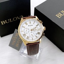 Men's Bulova Wilton White Dial Brown Leather Classic 97B169 Quartz Watch 46.5mm picture
