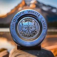 1980 Winter Olympics Roni Raccoon Pewter Ashtray Lake Placid Made In The USA picture