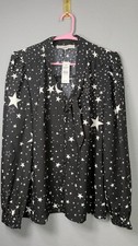 LOFT Star Print Tie Neck Blouse Women’s Large Black White Long Sleeve NWT picture