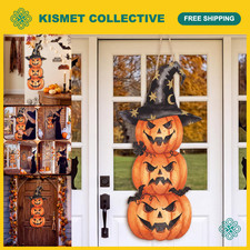 Rustic Vintage Pumpkin Door Hanger | Halloween Wood Sign | Rattan Decor picture